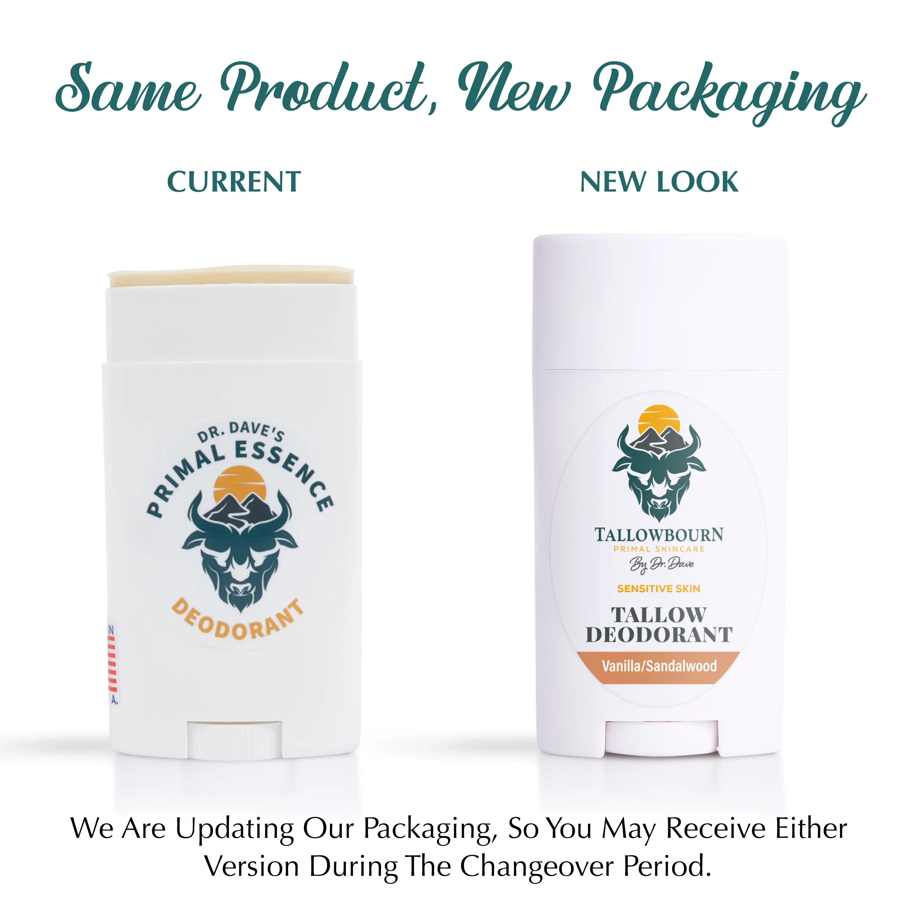 Two deodorant products with different packaging designs labeled 'Current' and 'New Look'.