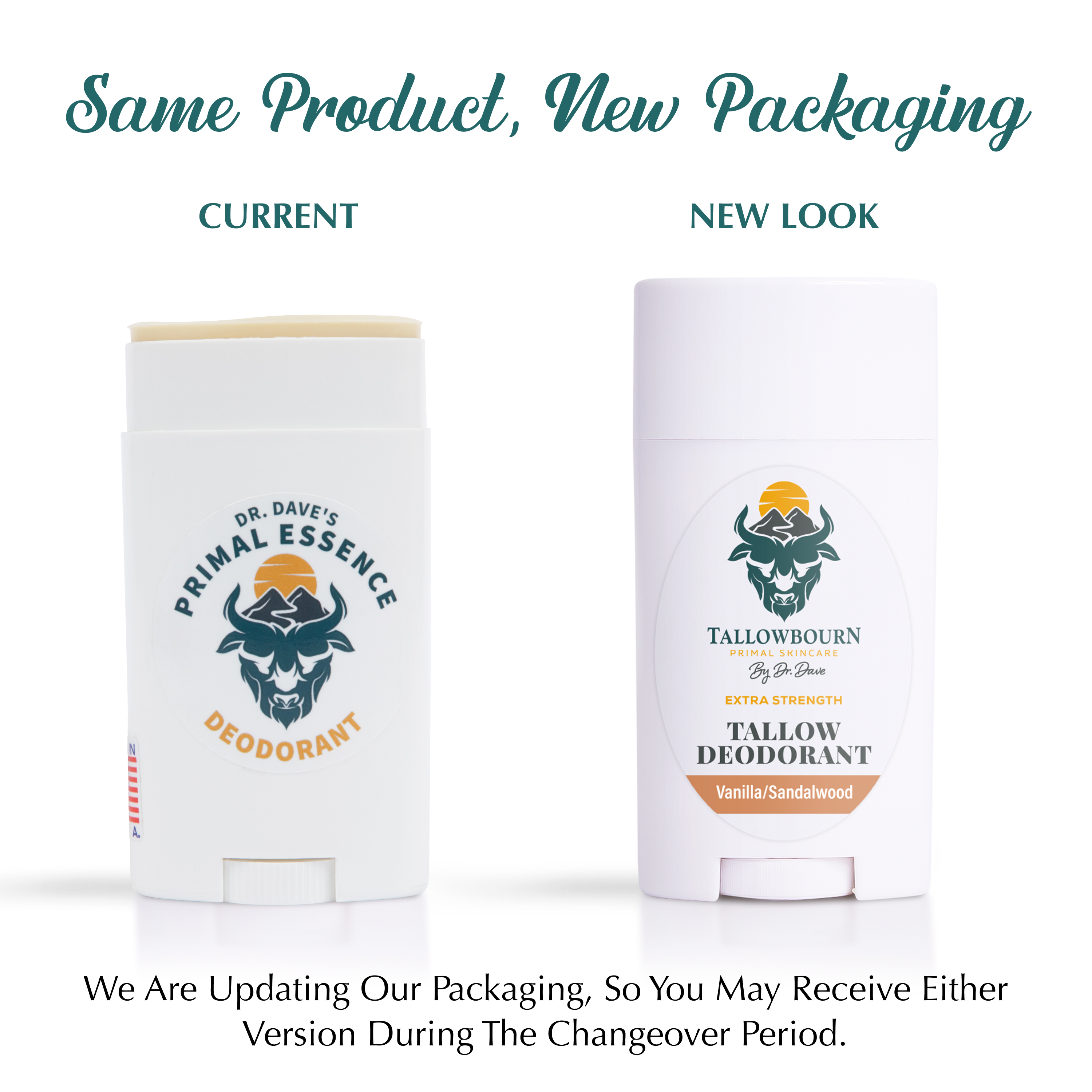 Two deodorant sticks with different packaging designs labeled 'Current' and 'New Look'.