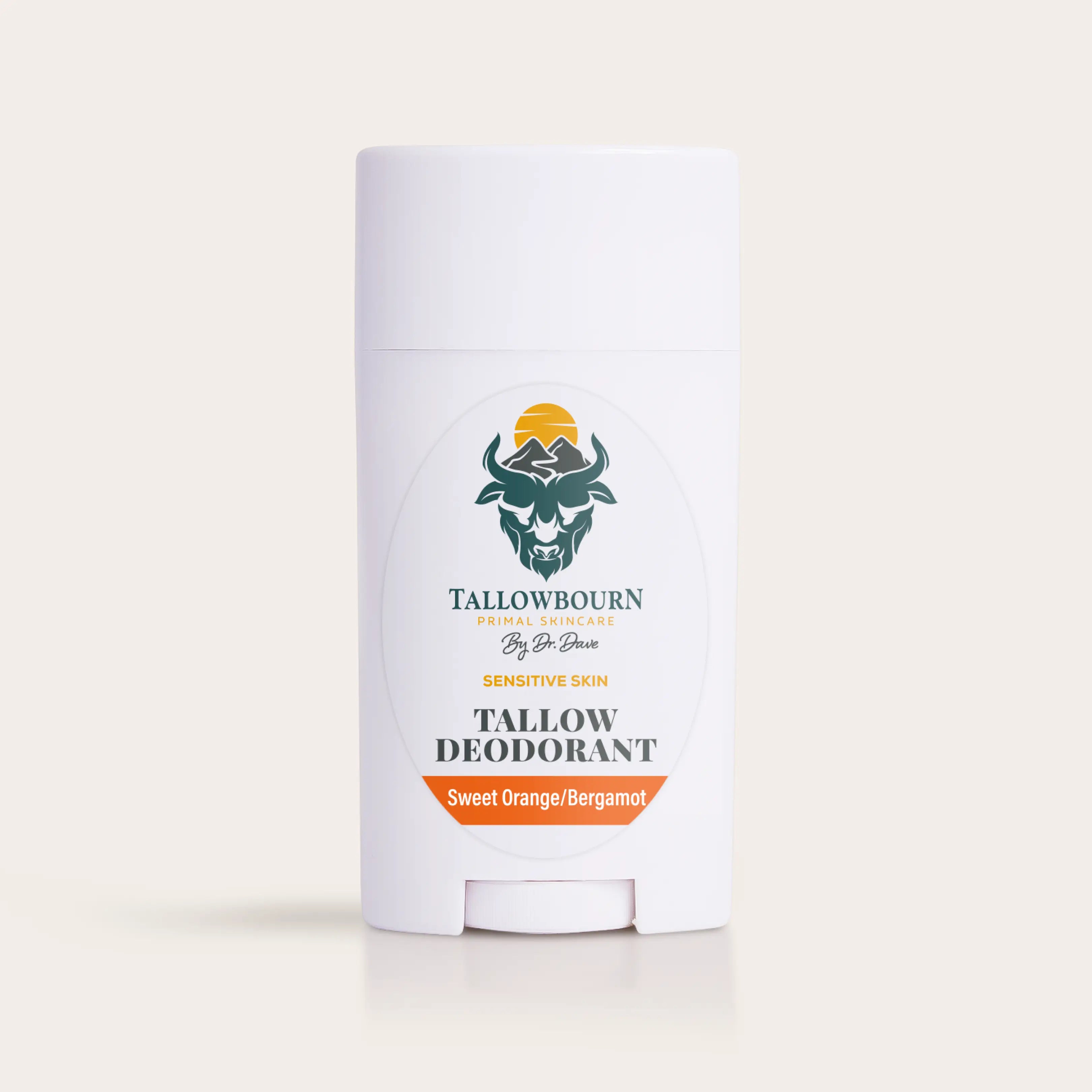 Tallowbourn Tallow Deodorant Sweet Orange Bergamot scent stick on a light beige background