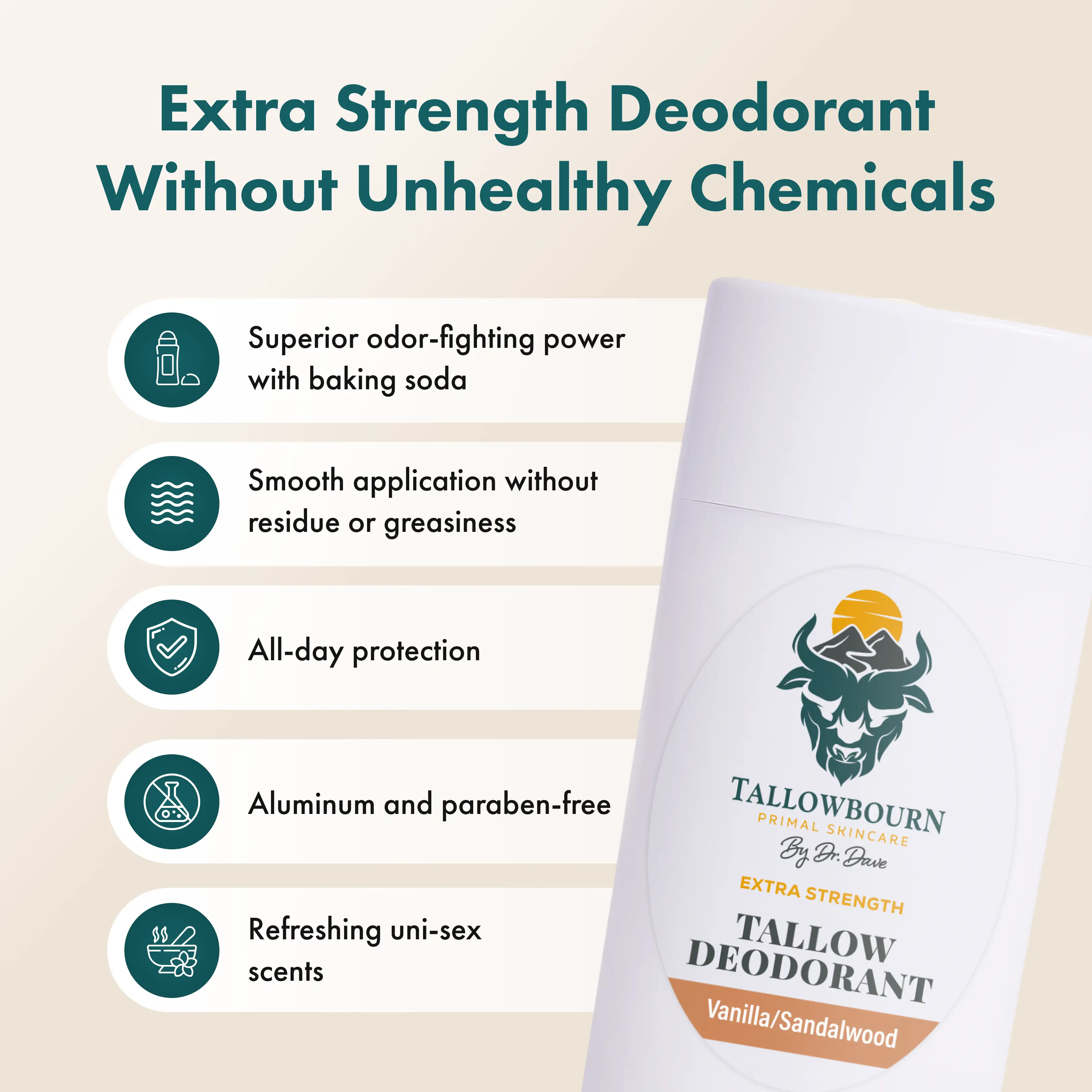 Tallowbourn Tallow Deodorant packaging with features listed on a beige background