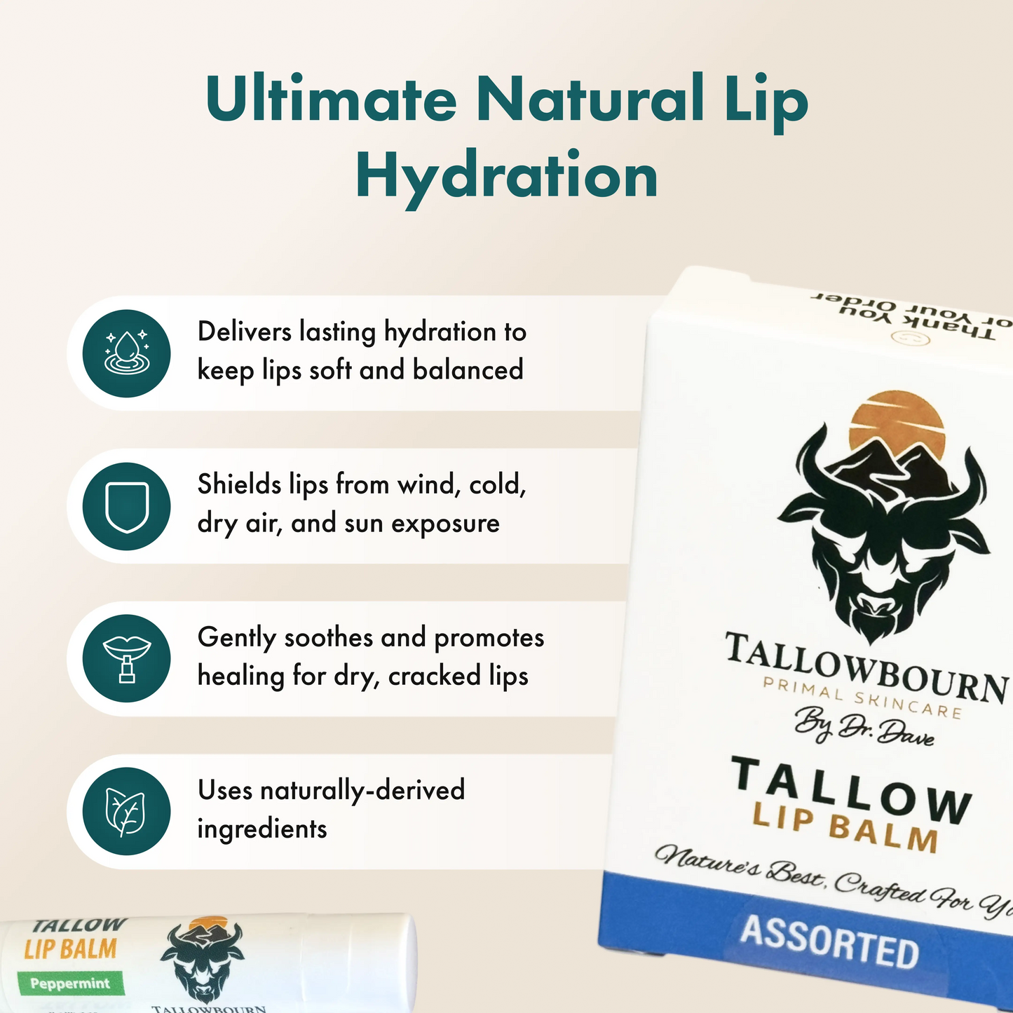 Tallowbourn lip balm packaging with product features on a beige background