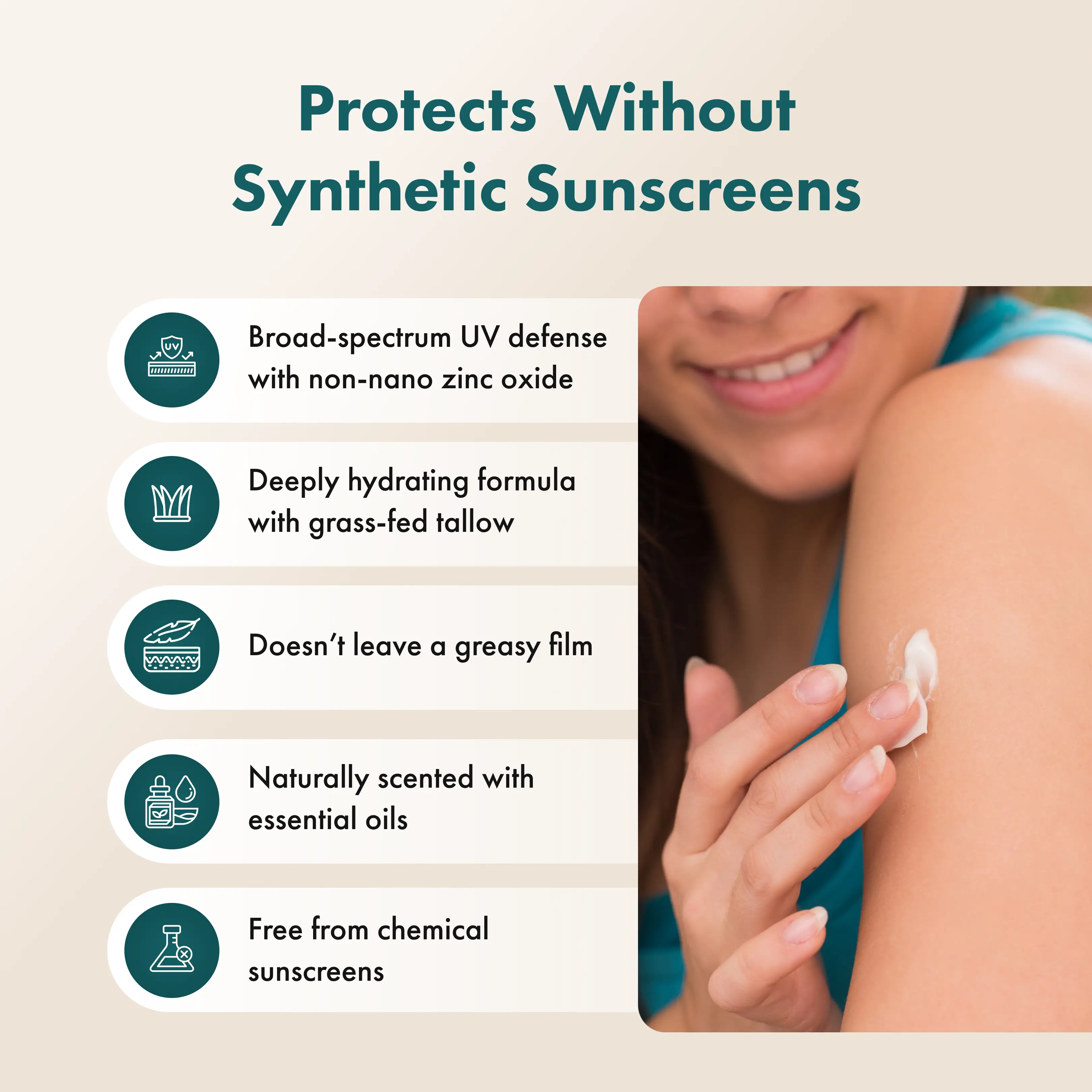 Tallowbourn sunbalm with text highlighting its benefits on a beige background