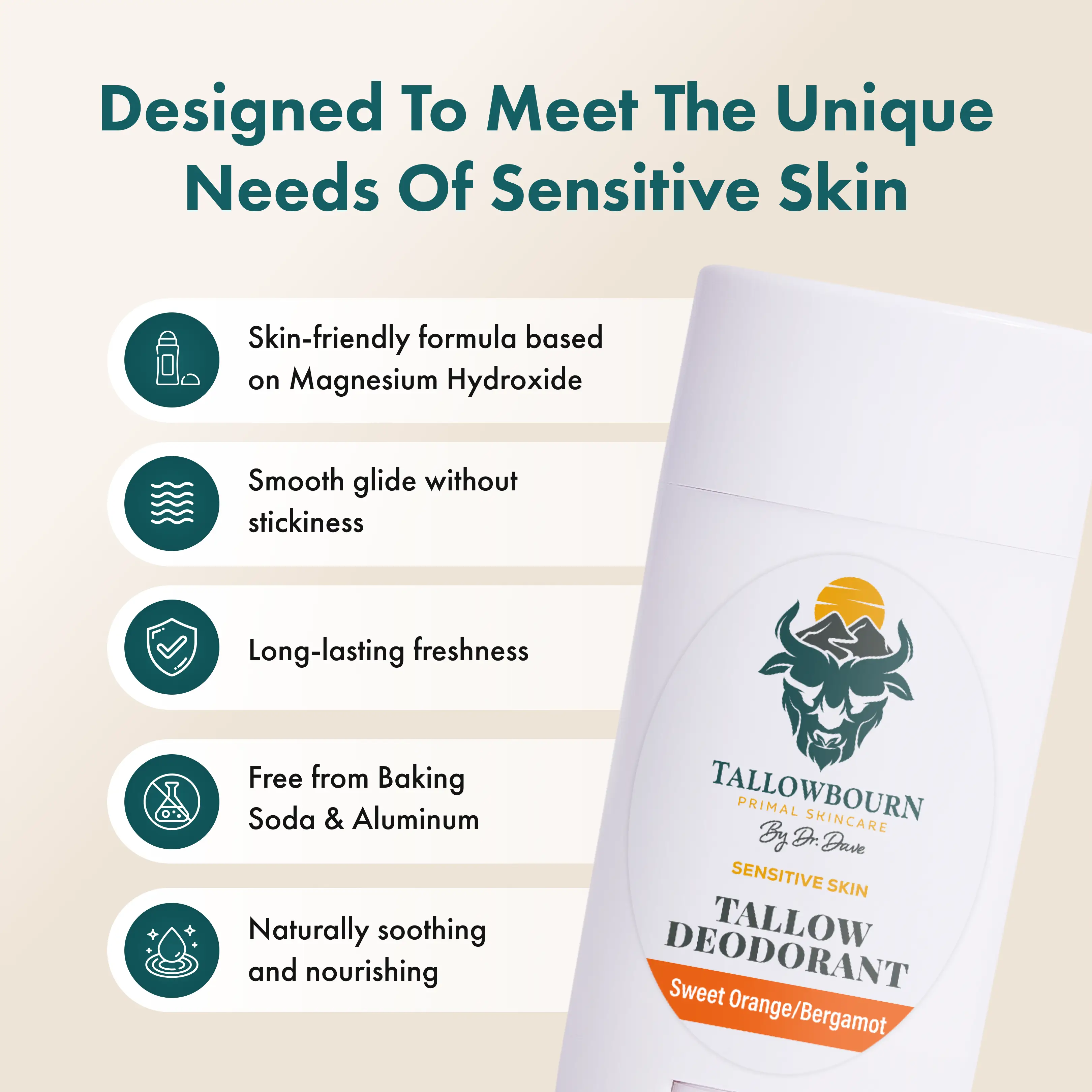 Tallowbourn tallow deodorant packaging with product features on a beige background