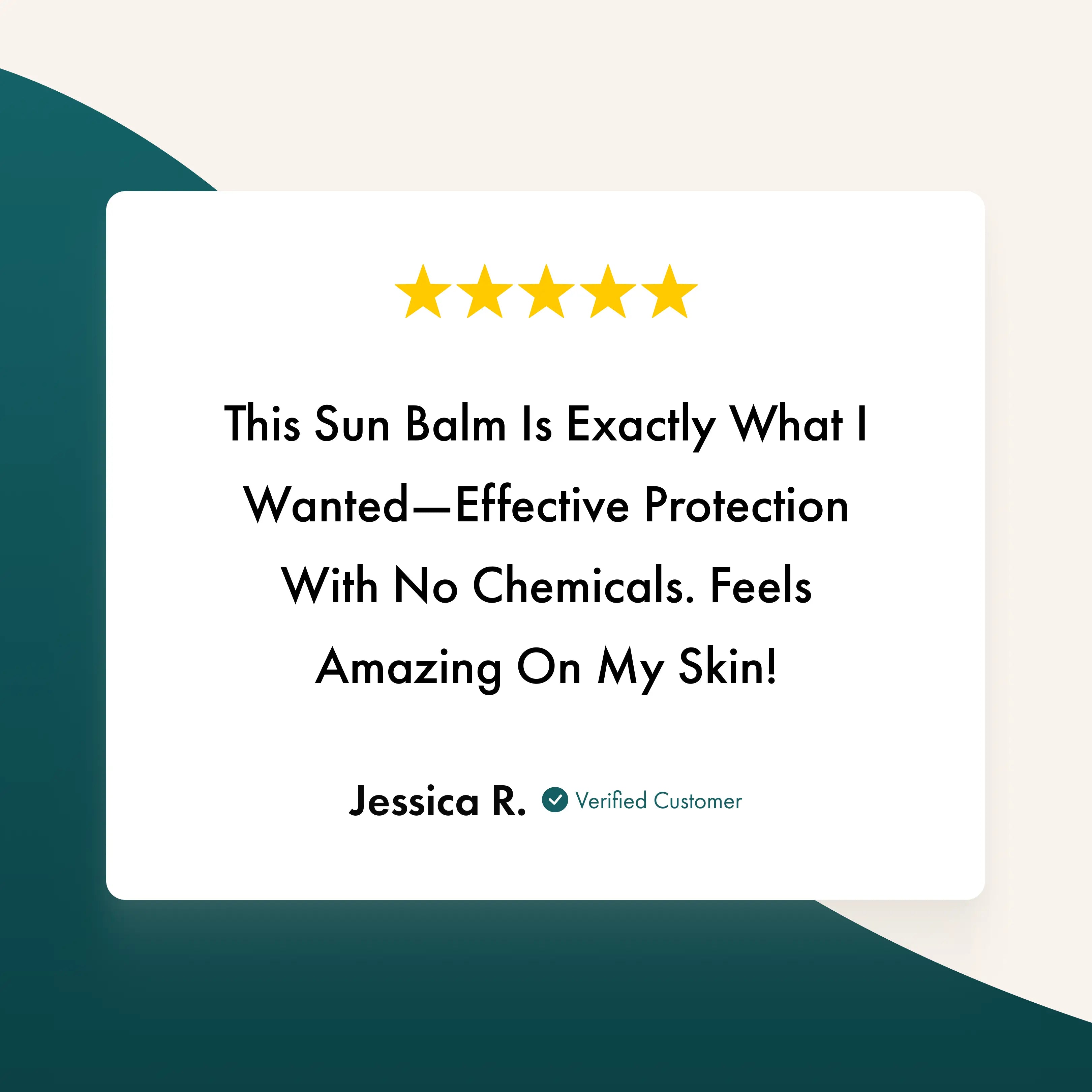 Five-star review of a sun balm with a white card on a green background