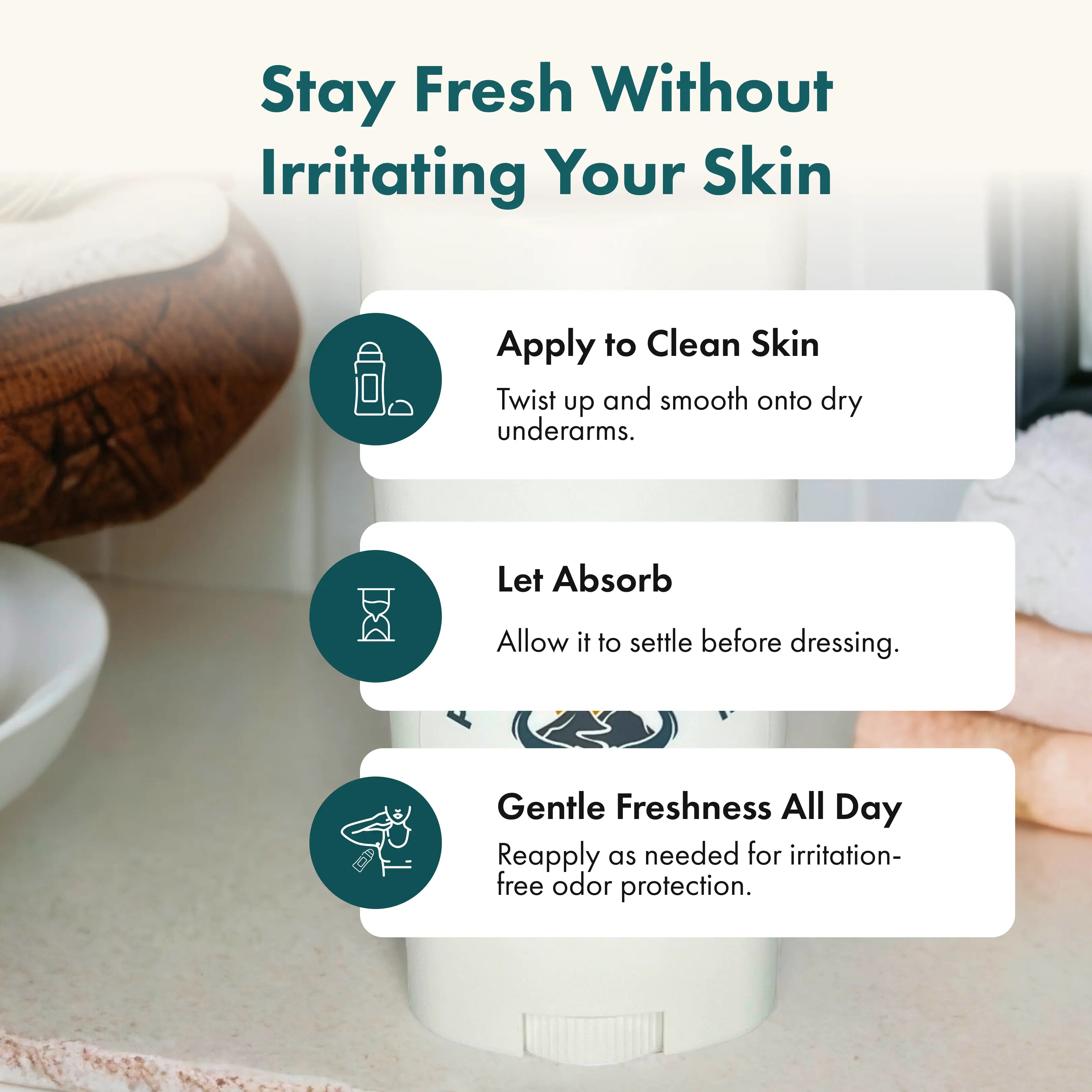 Product packaging with application instructions for skin care on a neutral background