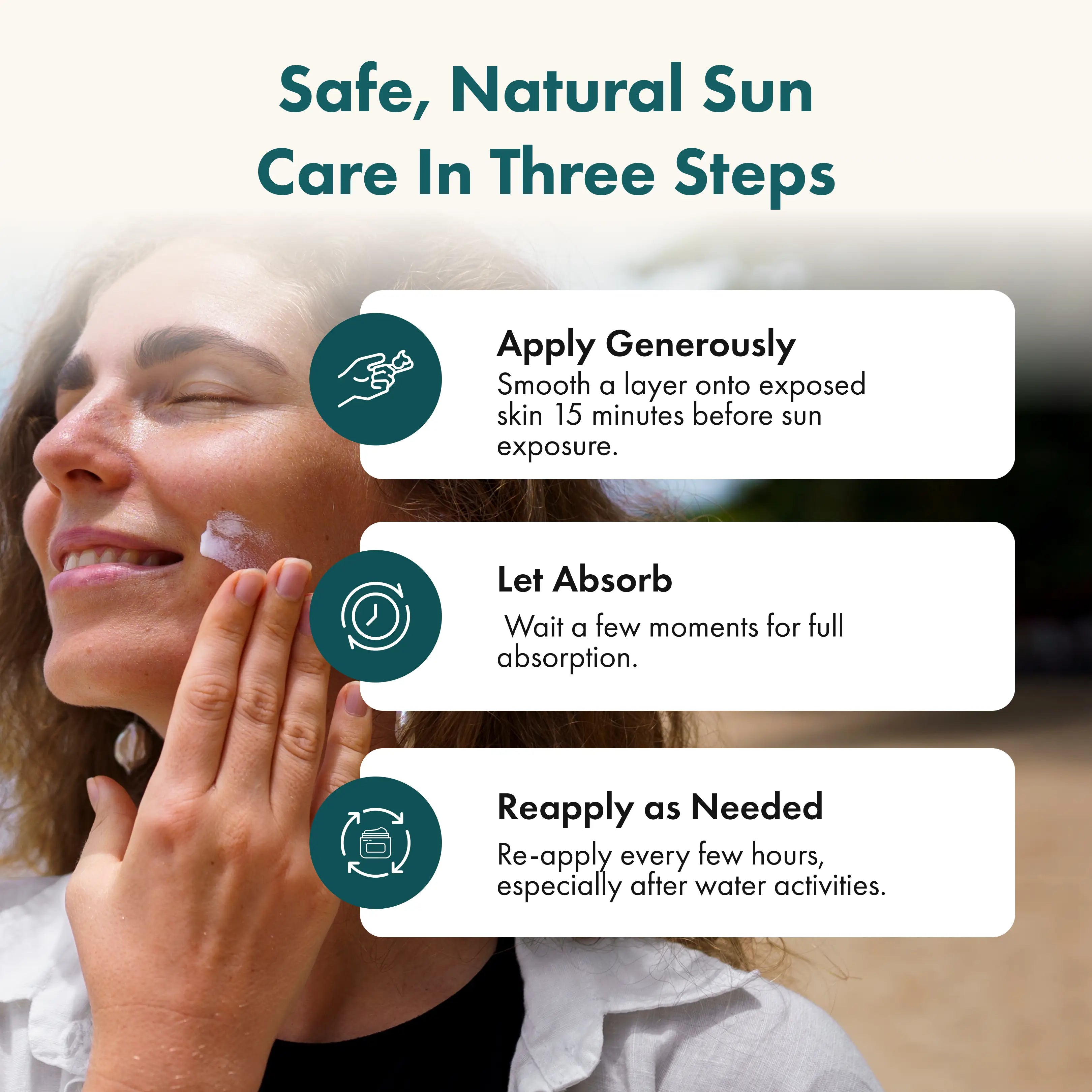 Woman applying tallow sunbalm with instructions on safe sun care steps.