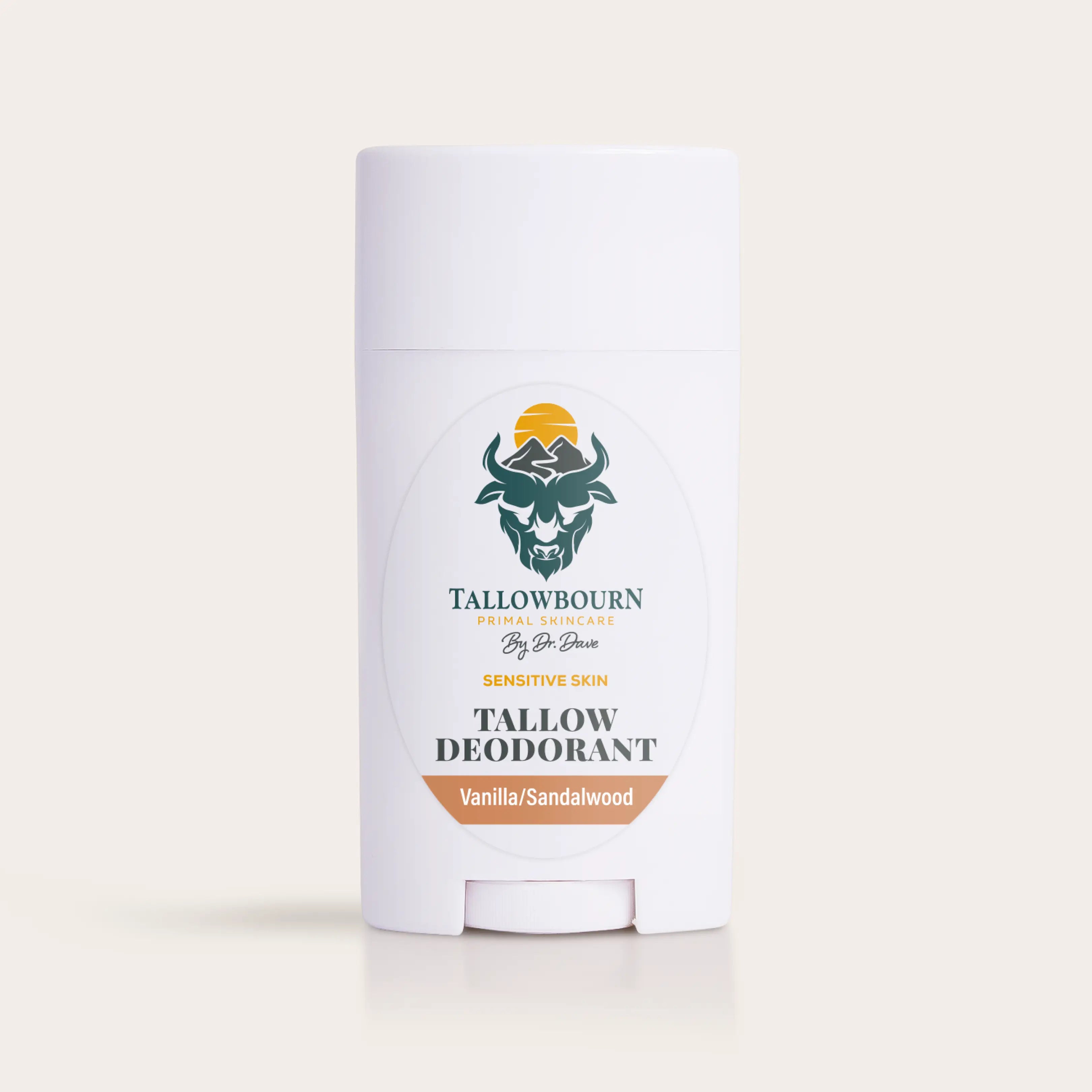 Tallowbourn deodorant stick on a light beige background