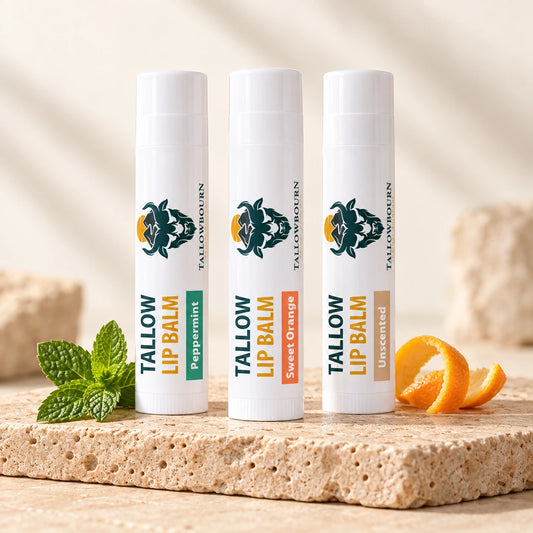Three Tallow Lip Balm tubes—Peppermint, Sweet Orange, and Unscented—on stone with mint and orange peel