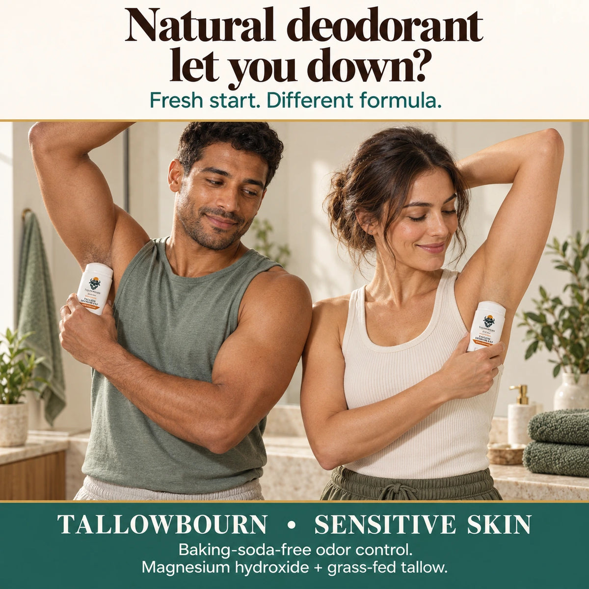 Man and woman in a bathroom applying Sensitive Skin Tallow Deodorant
