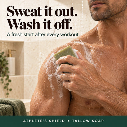 Man in the shower lathering Athlete's Shield tallow soap on his shoulder