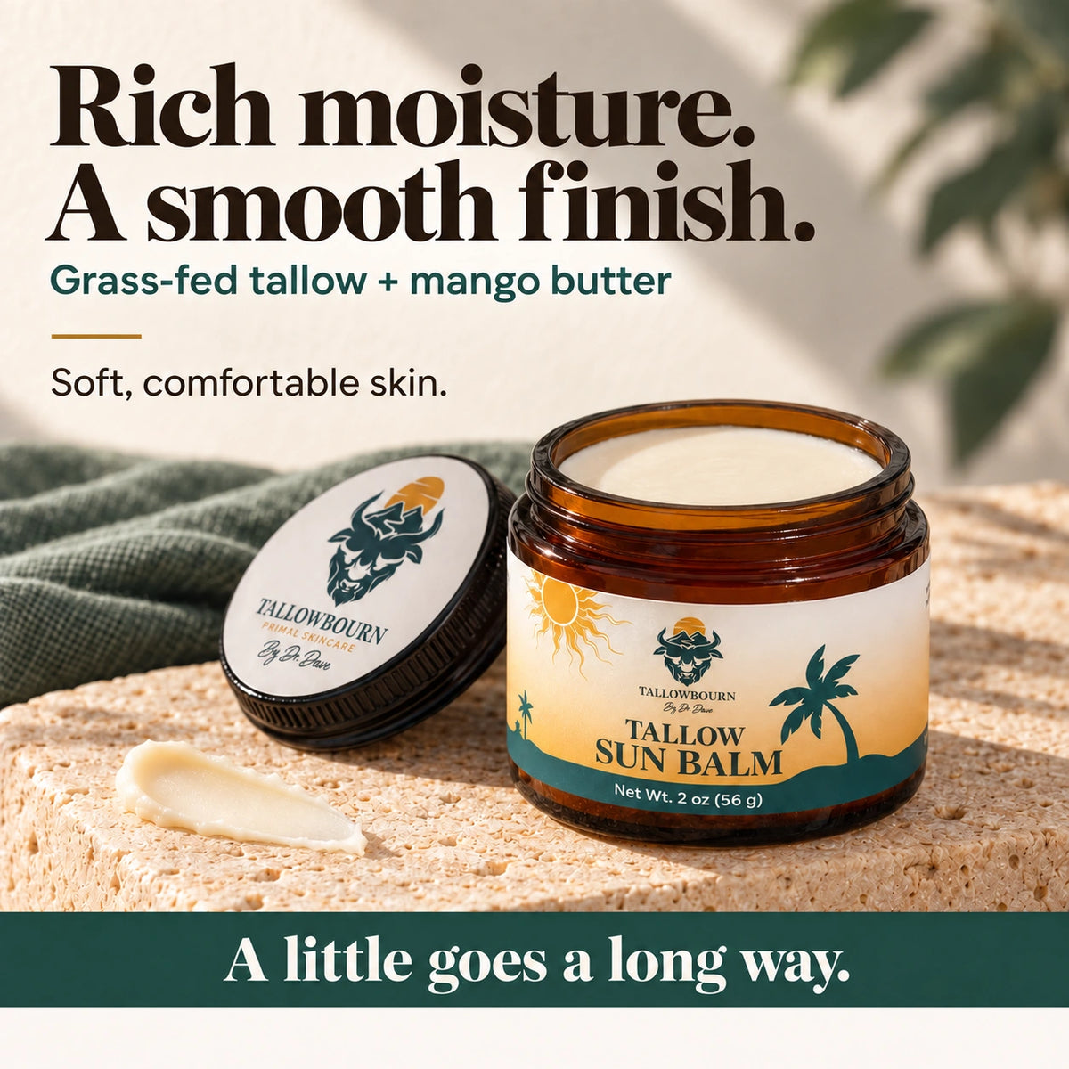 Open Tallow Sun Balm jar with a balm smear and rich-moisture notes