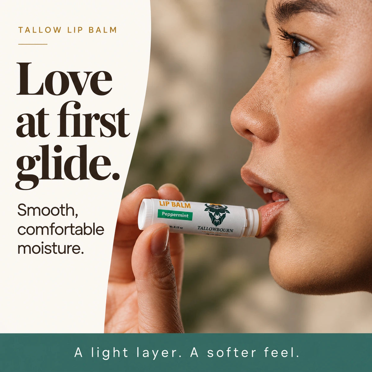 Close-up of someone gliding Peppermint Tallow Lip Balm across their lips
