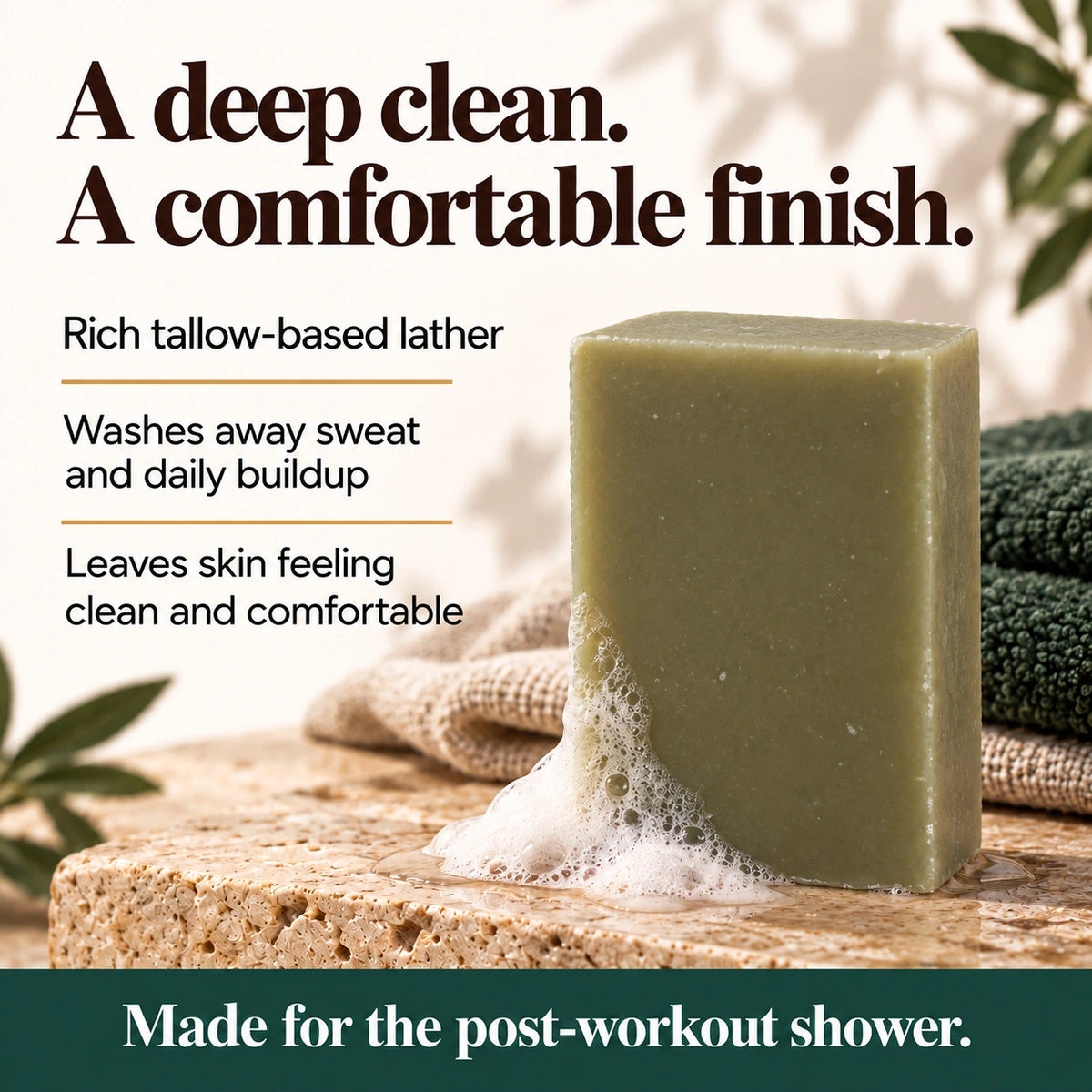 Olive-green Athlete's Shield soap bar with light lather on a stone surface