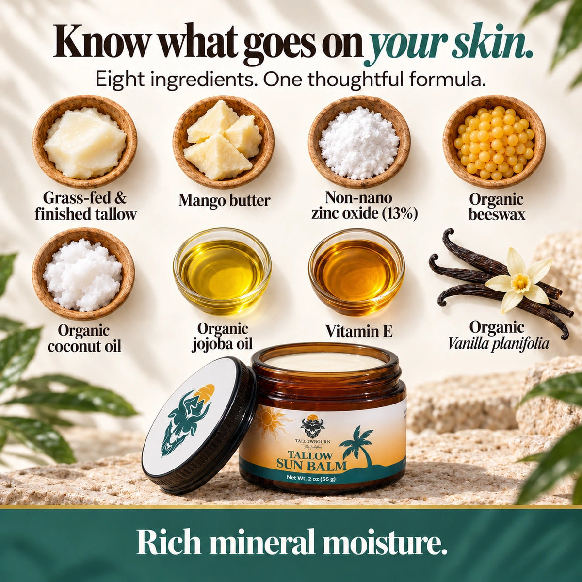 Tallow Sun Balm jar under bowls of its eight ingredients, including zinc oxide