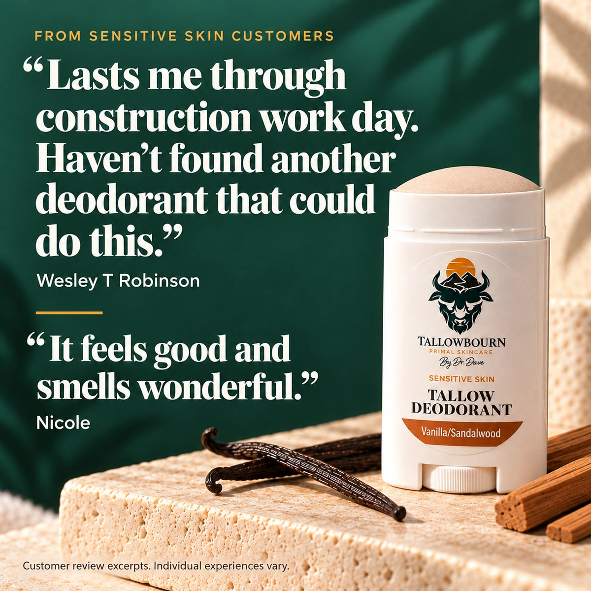Sensitive Skin Vanilla/Sandalwood deodorant with vanilla, sandalwood, and customer quotes