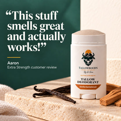 Extra Strength Vanilla/Sandalwood deodorant with vanilla beans, sandalwood, and a customer quote