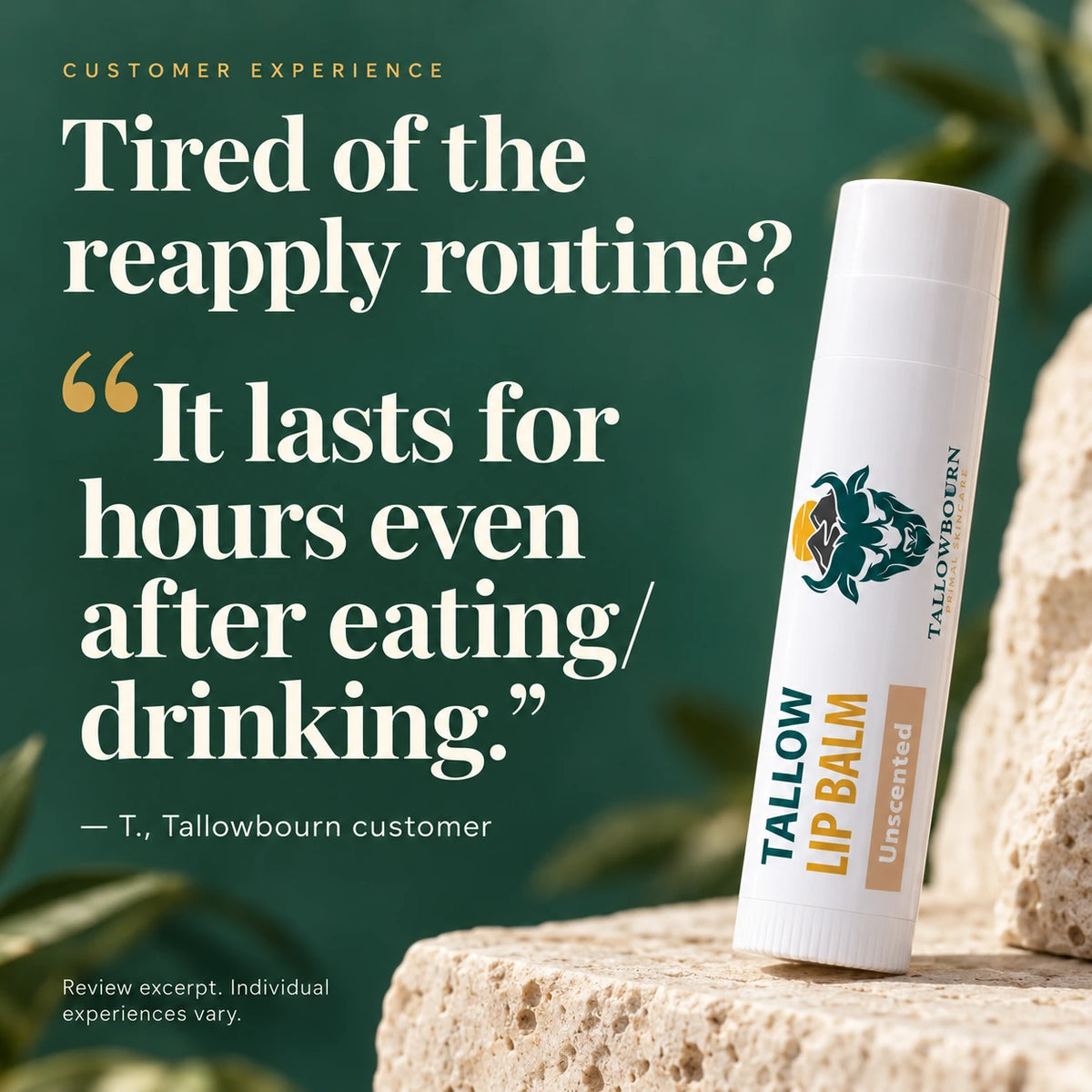 Unscented Tallow Lip Balm on stone with a customer note that it lasts for hours