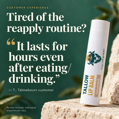 Unscented Tallow Lip Balm on stone with a customer note that it lasts for hours