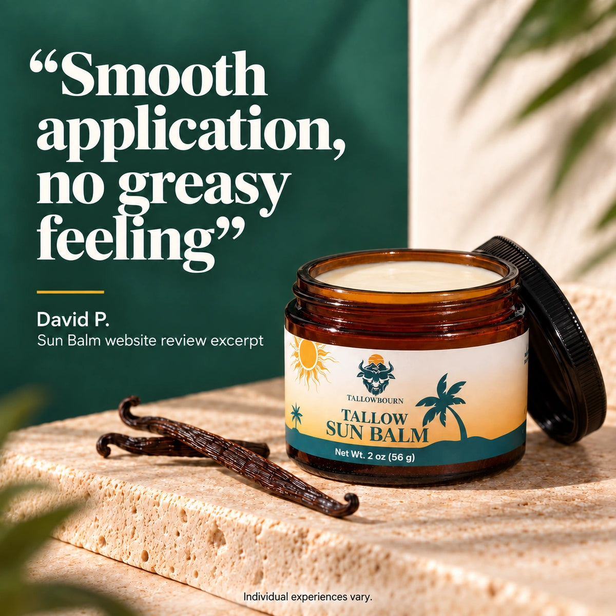 Open Tallow Sun Balm jar with vanilla beans and a smooth-application review quote