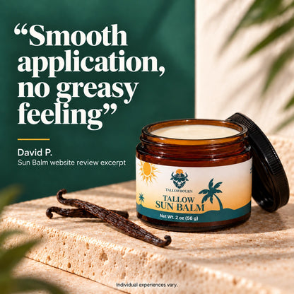 Open Tallow Sun Balm jar with vanilla beans and a smooth-application review quote
