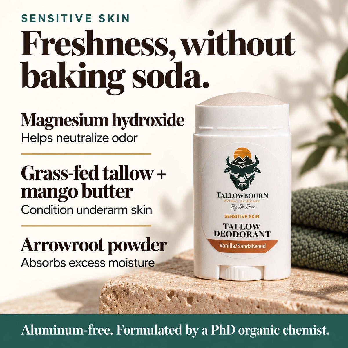 Sensitive Skin Vanilla/Sandalwood deodorant highlighting baking-soda-free odor control