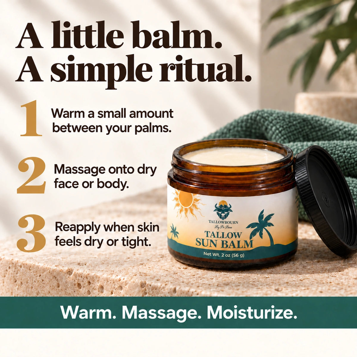 Open Tallow Sun Balm jar with warm, massage, and reapply how-to steps