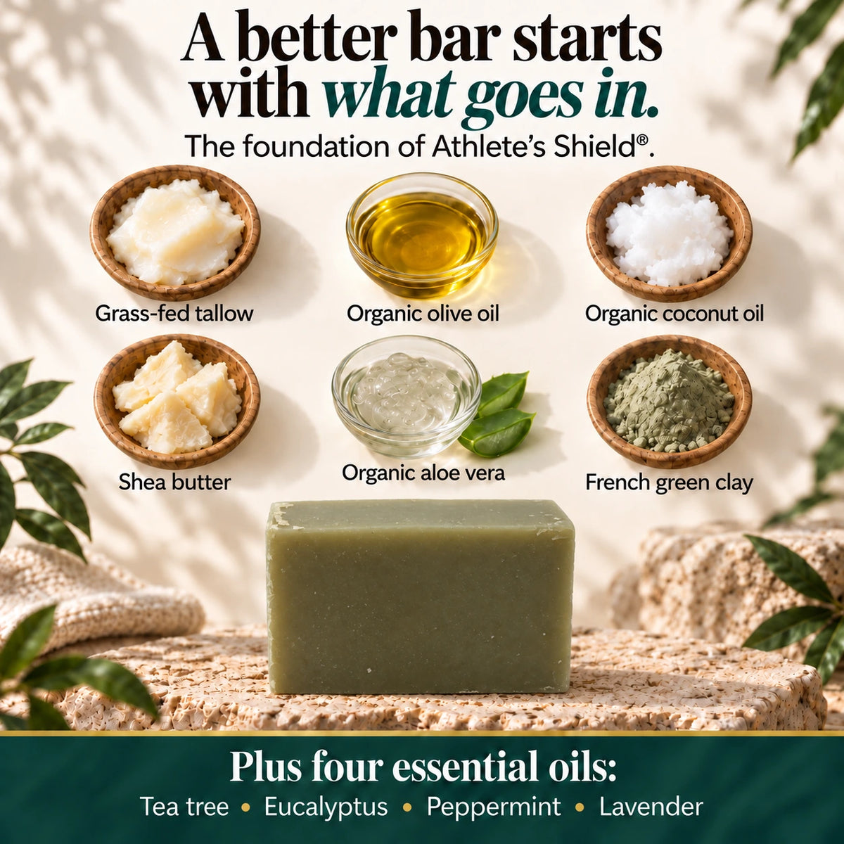 Athlete's Shield soap bar under bowls of tallow, oils, shea, aloe, and green clay