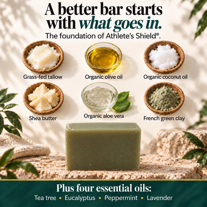 Athlete's Shield soap bar under bowls of tallow, oils, shea, aloe, and green clay