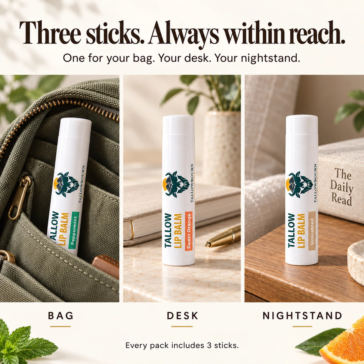 Peppermint, Sweet Orange, and Unscented lip balm sticks shown for bag, desk, and nightstand
