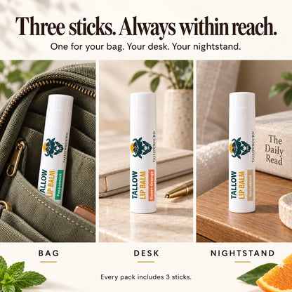 Peppermint, Sweet Orange, and Unscented lip balm sticks shown for bag, desk, and nightstand