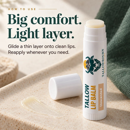 Open Unscented Tallow Lip Balm tube with a thin smear and how-to use tips