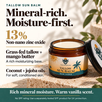 Open Tallow Sun Balm jar noting mineral moisture, zinc oxide, and warm vanilla scent