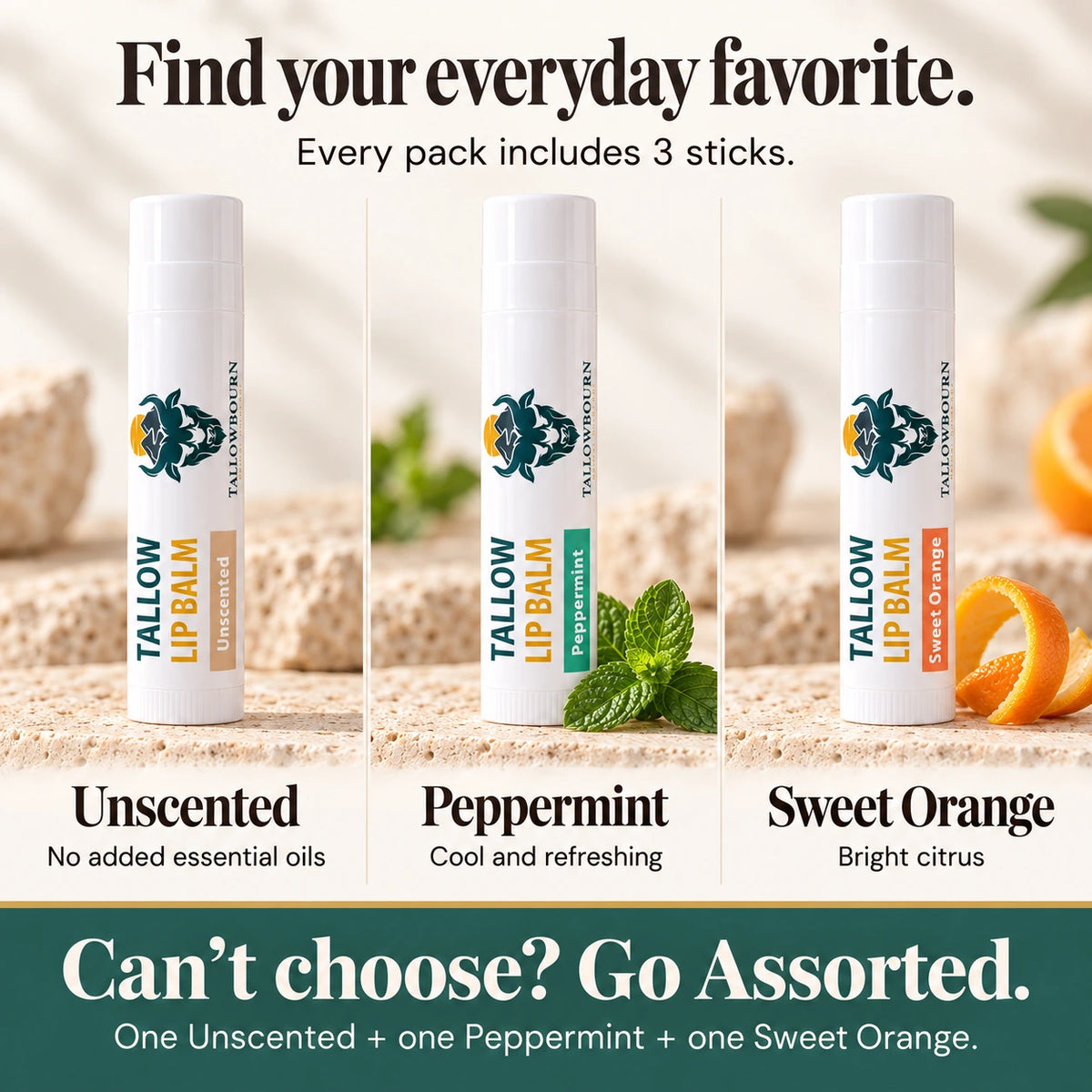 Three Tallow Lip Balm varieties—Unscented, Peppermint, Sweet Orange—plus assorted pack note