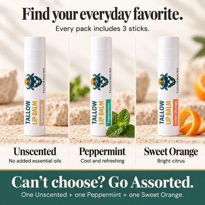 Three Tallow Lip Balm varieties—Unscented, Peppermint, Sweet Orange—plus assorted pack note