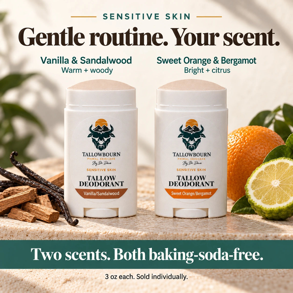 Sensitive Skin deodorant in Vanilla & Sandalwood and Sweet Orange & Bergamot scent options