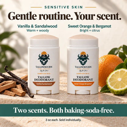 Sensitive Skin deodorant in Vanilla & Sandalwood and Sweet Orange & Bergamot scent options