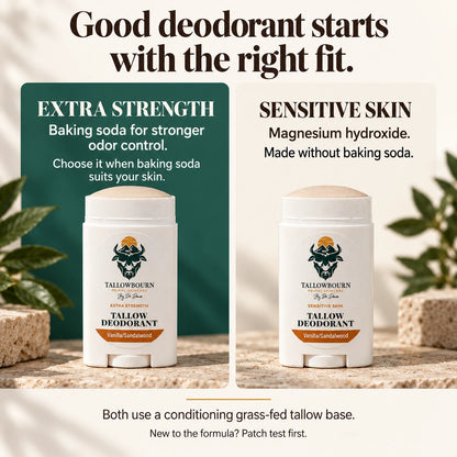Side-by-side Extra Strength (baking soda) and Sensitive Skin (magnesium) deodorant sticks