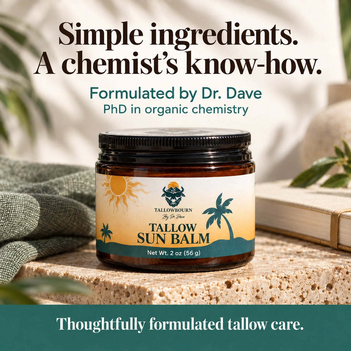 Closed amber jar of Tallow Sun Balm; formulated by Dr. Dave, PhD organic chemist