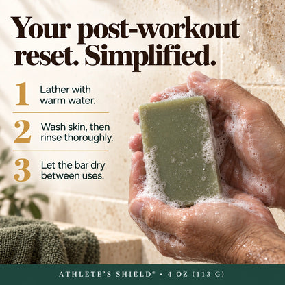 Hands lathering Athlete's Shield soap with simple wash-and-dry steps