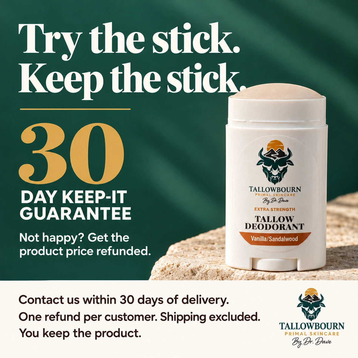 Extra Strength Vanilla/Sandalwood deodorant stick with 30-day Keep-It Guarantee text