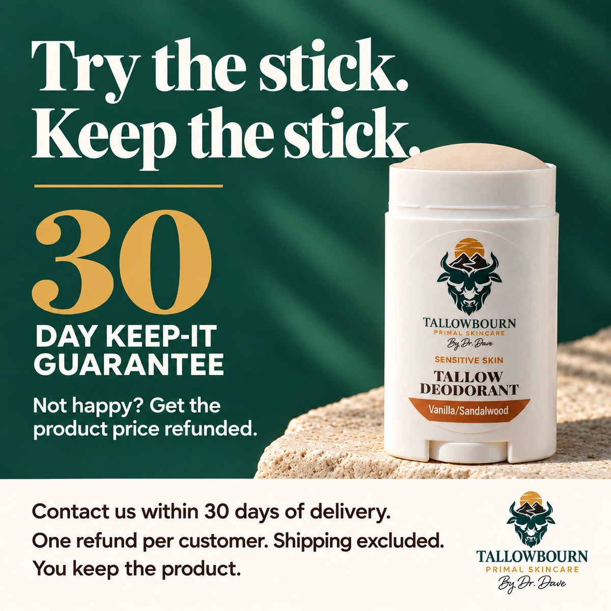 Sensitive Skin Vanilla/Sandalwood deodorant stick with 30-day Keep-It Guarantee text