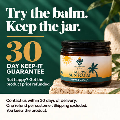 Closed Tallow Sun Balm jar with 30-day Keep-It Guarantee text