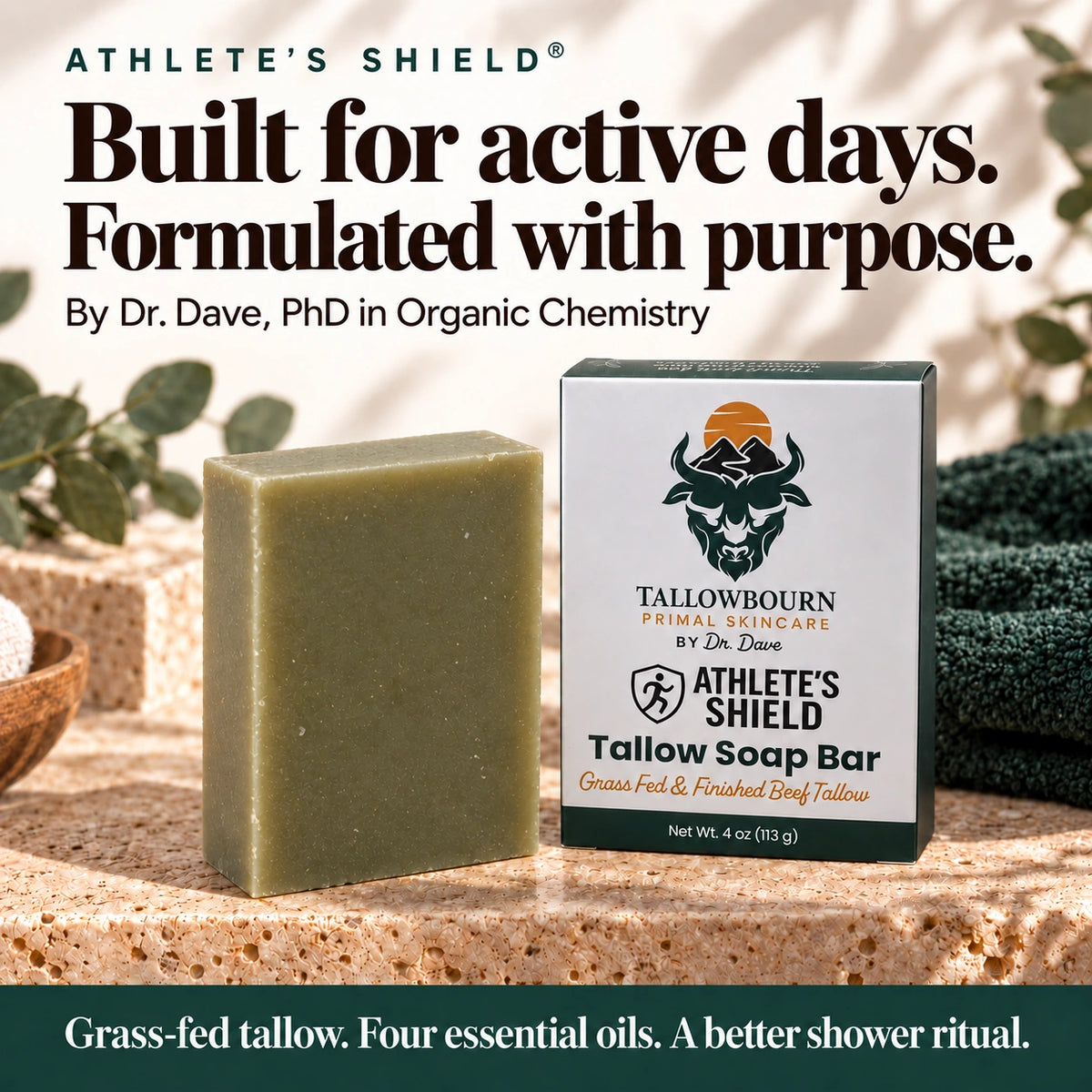 Athlete's Shield soap bar and box; formulated by Dr. Dave for active days