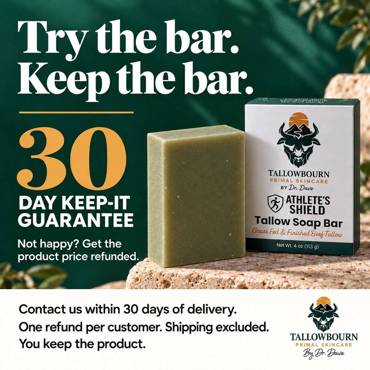 Athlete's Shield soap bar and box with 30-day Keep-It Guarantee text