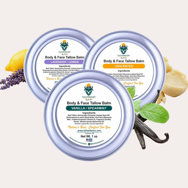 Tallowbourn 1oz tallow balm sample bundle — three scent variety pack