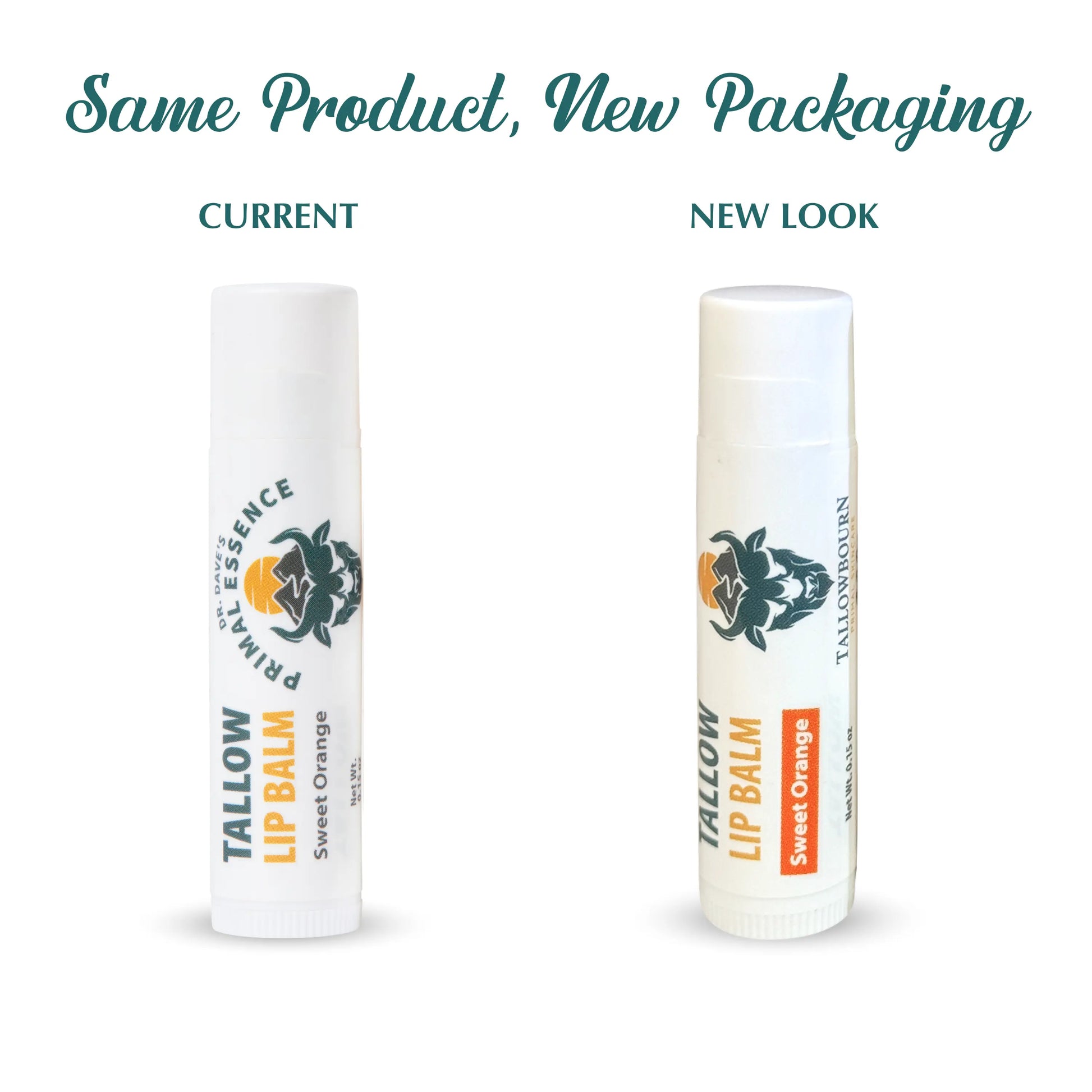 Two lip balm containers labeled 'Current' and 'New Look' on a white background.