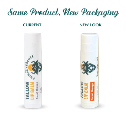 Two lip balm containers labeled 'Current' and 'New Look' on a white background.