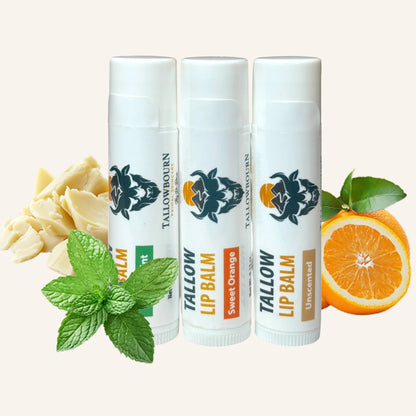 Three assorted tallowbourn lip balm tubes with different flavors and a slice of orange on a white background