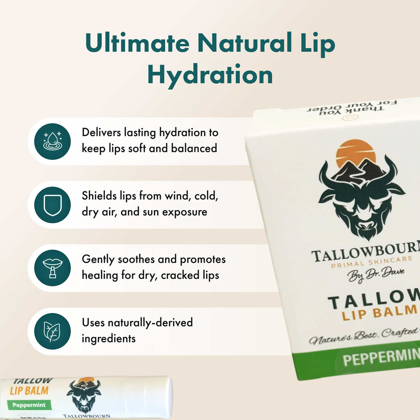 Tallowbourn lip balm packaging with product features on a beige background