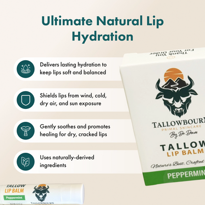 Tallowbourn lip balm packaging with product features on a beige background